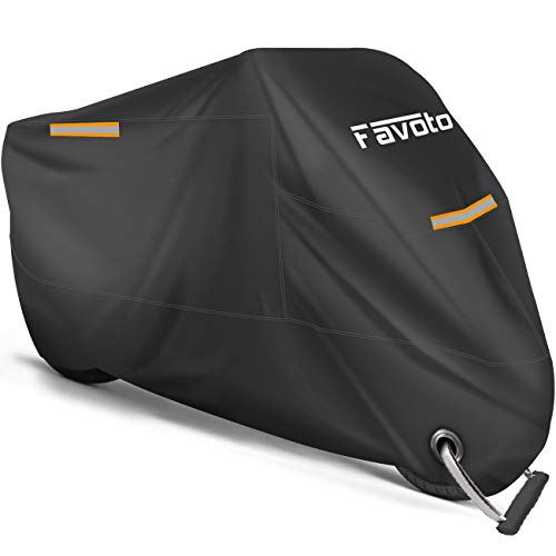 Favoto Motorcycle Cover All Season Universal Weather Premium Quality Waterproof Sun Outdoor Protection Durable Night Reflective with Lock-Holes & Storage Bag Fits up to 96.5” Motorcycles Vehicle Cover