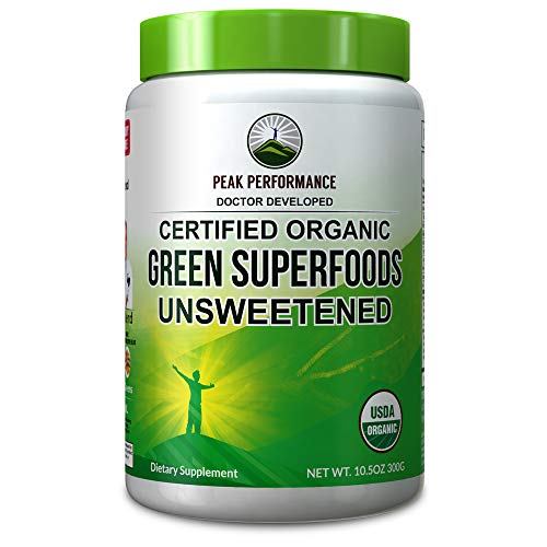 Peak Performance Organic Greens Unsweetened Superfood Powder. Unflavored Green Juice Vegan Super Food with 25+ All Natural Ingredients for Max Energy and Detox. Spirulina, Spinach, Kale, Probiotics