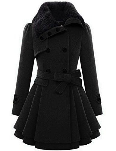 Zeagoo WoMens Fashion Faux Fur Lapel Double-breasted Thick Wool Trench Coat Jacket,Black,X-Large