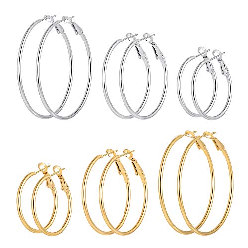 6 Pairs Stainless Steel gold silver Plated Hoop Earrings for Women Girls (30.40.50mm)