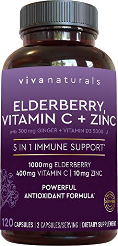 Elderberry, Vitamin C, Zinc, Vitamin D 5000 IU & Ginger Immune Support Supplement, 2 Month Supply (120 Capsules) - 5 in 1 Daily Immune Support for Adults