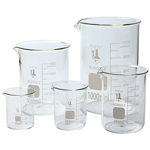 Karter Scientific, 3.3 Boro, Griffin Low Form, Glass Beaker Set - 5 Sizes - 50ml, 100ml, 250ml, 500ml, 1000ml