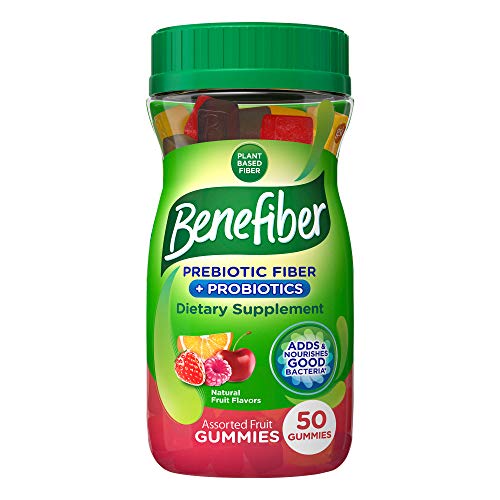 Benefiber Assorted Fruit Gummies for digestive health Prebiotic and Probiotic Supplement with natural fruit flavors, 50 Count (Pack of 1)