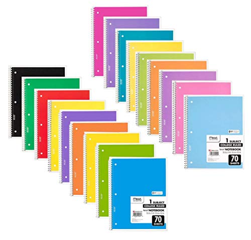 Mead Spiral Notebook, PACK OF 18 DIFFERENT COLORS, 1-Subject College Ruled Spiral Bound Notebooks, Included Pastel Color Cute school Notebooks, 70 Pages
