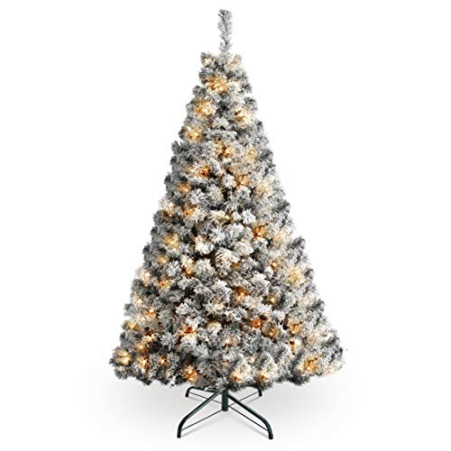 HOMAKER Pre-Lit 6FT Snow Flocked Christmas Tree, Artifical Pine Tree Decorated with Certificated 250 UL Lights with Metal Stand for Xmas Holiday (6FT)