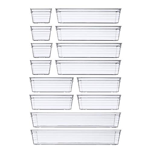 14 PCS Clear Plastic Drawer Organizer Tray for Makeup, Kitchen Utensils, Jewelries and Gadgets