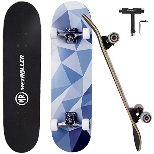 METROLLER Skateboard, 31'x 8' Complete Standard Skate Boards for Girls Boys Beginner, 7 Layer Canadian Maple Double Kick Concave Skateboards for Kids Youth Adult Teens