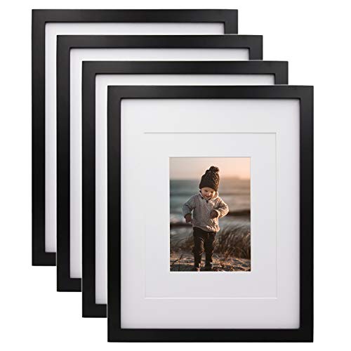 KINLINK 11x14 Picture Frames Black, Wood Frames with HD Plexiglass for Pictures 5x7/8x10 with Mat or 11x14 without Mat, Tabletop and Wall Mounting Display, Set of 4