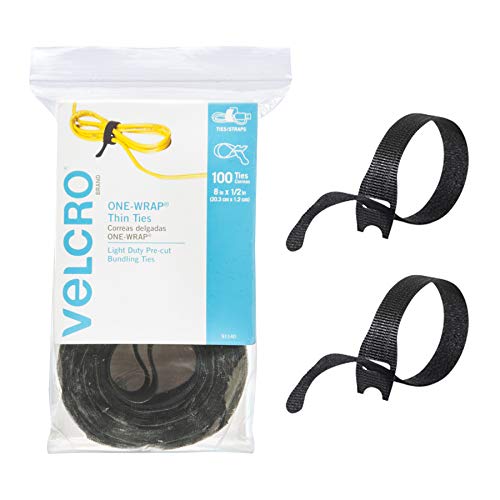 VELCRO Brand ONE-WRAP Cable Ties | 100Pk | 8 x 1/2' Black Cord Organization Straps | Thin Pre-Cut Design | Wire Management for Organizing Home, Office and Data Centers