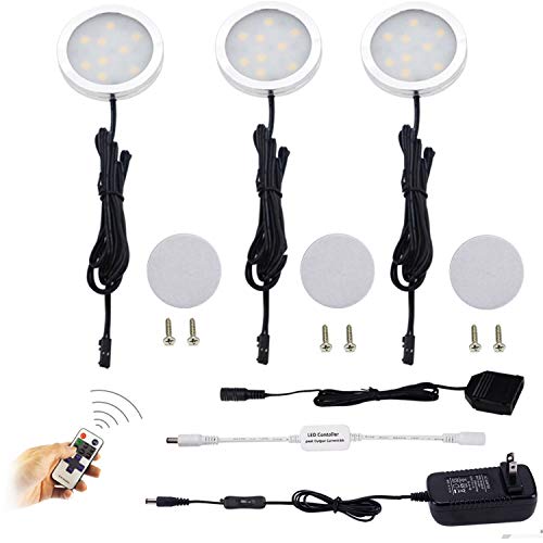 Dimmable LED Under Cabinet Puck Lights AIBOO 3 Lamps Kit with RF Remote Control for Home Kitchen Counter Lighting (Warm White 2700K)