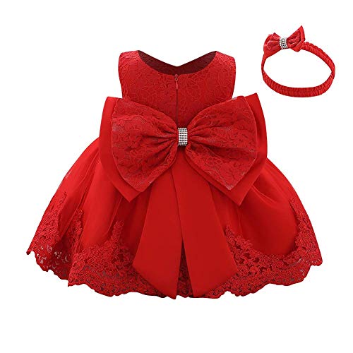 Baby Girls Formal Bowknot Floral Dress Lace Pageant Christening Baptism Embroidery Princess Birthday Wedding Party Flower Tutu Gown Bridesmaid Communion Boho Vintage Dress with Headband Red 3-4