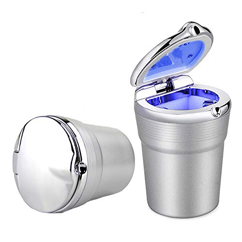 Car Ashtray,Weudozue Portable Detachable Stainless Auto Vehicle Cigarette Ashtray Ash with Blue LED Light Indicator Smokeless for Car Cup Holder,Home, Office (Silver)
