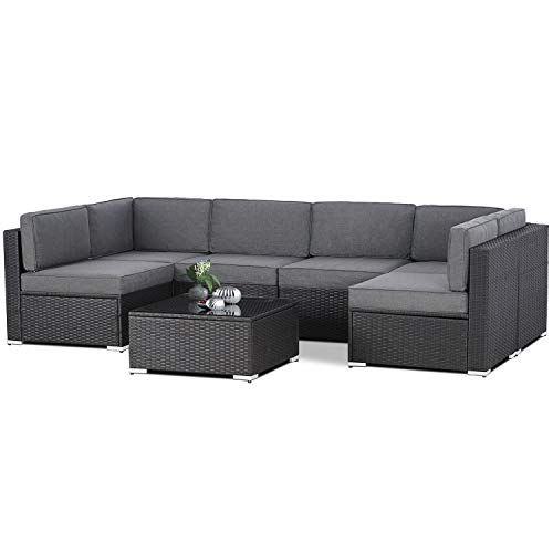 SUNCROWN Outdoor Patio Furniture 7-Piece Sofa Set Black Brown Wicker, Washable Seat Cushions with YKK Zippers and Modern Glass Coffee Table（Grey Cushion）