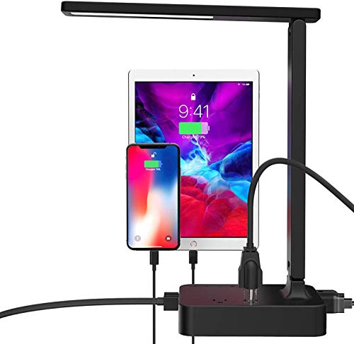 COZOO LED Desk Lamp with 3 USB Charging Ports and 2 AC Outlets,3 Color Temperatures & 3 Brightness Levels, Touch/Memory/Timer Function,10W Eye Protection Foldable Reading Light,Black