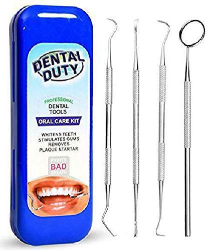 Dental Duty Hygiene Kit, Calculus and Plaque Remover Set, Stainless Steel Tarter Scraper, Tooth Pick, Dental Scaler and Mouth Mirror, Dentist Home Use Tools, Blue