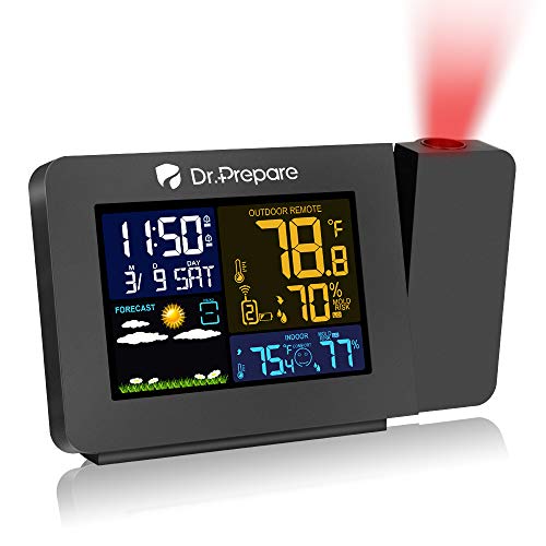 Dr. Prepare Projection Alarm Clock for Bedrooms with Indoor & Outdoor Temperature Display Dual Alarms Multi-Colored Backlight Projection Clock with Weather Forecast