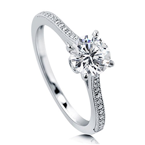 BERRICLE Rhodium Plated Sterling Silver Round Cubic Zirconia CZ Solitaire Promise Engagement Ring 1.18 CTW Size 9