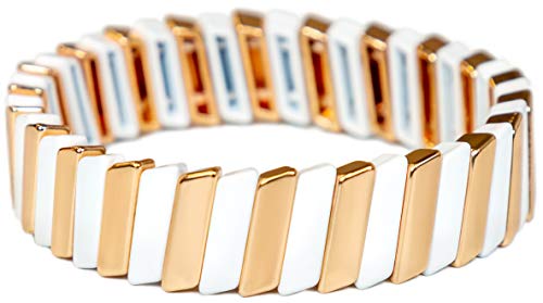 White & Gold Tile Bracelets for Women | Enamel Bracelets for Women | Stackable Bracelet for Women | Fashion Bracelets for Women with Stretchy Elastic Interior