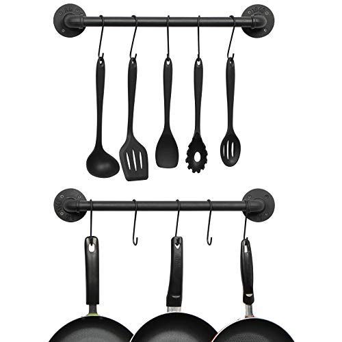 OROPY Wall Mounted Pot Pan Rack 21'' Set of 2, Industrial Utensils Wall Holder Iron Pipe Kitchen Hanging Rail with 10 S Hooks Black