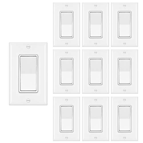 [10 Pack] BESTTEN Single Pole Decorator Wall Light Switch with WallPlate, 15A 120/277V, On/Off Rocker Paddle Interrupter for LED and Other Lamps, UL Listed, White