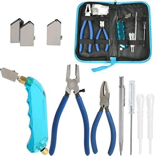 YOTINO Glass Cutting Tool Kit Includes Blue Grip Oil Feed Glass Cutter with 2 Pliers, 3 Extra Replacement Head, Tungsten Scribe Engraving Pen, Screwdriver and Oil Dropper