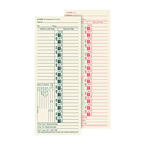 TOPS Time Cards, Bi-Weekly, 2-Sided, Numbered Days, 3-1/2' x 9', Manila, Green/Red Print, 500-Count (1275)