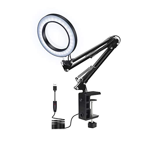 LED Magnifying Lamp with Clamp, NEWACALOX Dimmable Super Bright 3 Colors Illuminated Magnifier Lamps, 5X Magnifier Glass Light Lens, Adjustable Swivel Arm lamp for Table Craft or Workbench (Short)