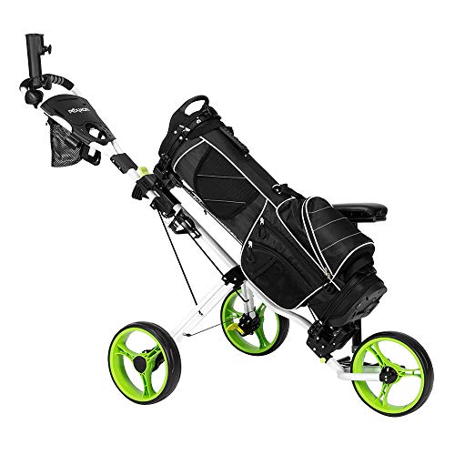 PEXMOR Golf Push Cart, 3 Wheel Folding Golf Trolley w/Seat, Foot Brake, Umbrella Holder, Cup Holder, Scoreboard Bag, Easy Push and Pull Golf Cart (Green)