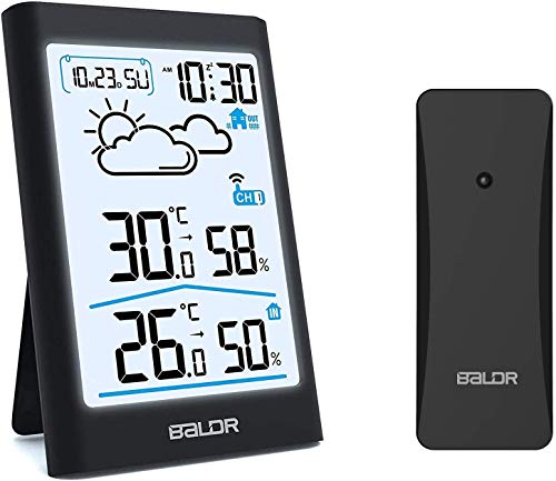 BALDR Wireless Weather Station, Digital Indoor Outdoor Thermometer Hygrometer with Backlight LCD Display, External Sensor and Alarm Clock, Ideal for Weather Forecast Monitoring (Black)