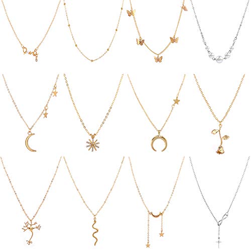 AROIC 12 PCS Pendant Necklace with 10 PCS Gold,2 PCS Sliver,12 Styles of Necklaces for Women Girls Jewelry Fashion and Valentine Birthday Party Gift