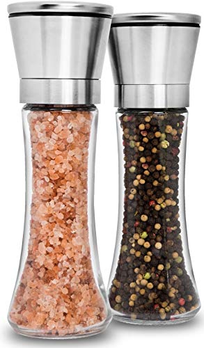 Home EC Premium Stainless Steel Salt and Pepper Grinder Set of 2 - Adjustable Ceramic Sea Salt Grinder & Pepper Grinder - Tall Glass Salt and Pepper Shakers - Pepper Mill & Salt Mill W/Funnel & EBook