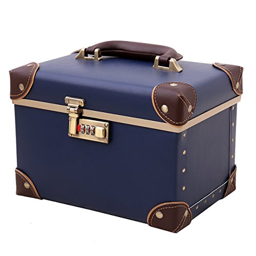 urecity Portable Makeup Train Case Cosmetic Organizer Case Leather Storage Box with Combination Lock (10', Retro Blue)