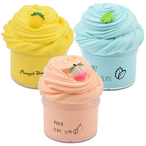 Sunool 3 Pack Butter Slime, Mint Green Leaf, Yellow Pineapple, Pink Peach Butter Slime Putty Stress Relief and Scented Sludge Toy for Boys and Girls