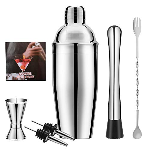 Cocktail Shaker Set Bartender Kit - 25 oz Polished Stainless Steel Drink Shaker, with All Bar Accessories, Cocktail Strainer, Jigger, Bar Spoon, 2 Pour Spouts, Muddler, Cocktail Recipe