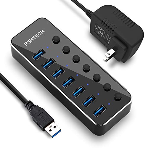 RSHTECH USB 3.0 Hub Powered 7 Port USB Data Hub Extender Aluminum USB Splitter with Individual On/Off Switches and Universal 5V AC Adapter, 3.3ft USB 3.0 Cable(RSH-518-7)