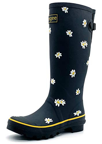 Rongee Women's Tall Rubber Rain Boots Garden Shoes Daisy Printed with Adjustable Buckle Dust Bag Packed (9 B(M) US)
