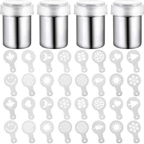 4 Pieces Stainless Steel Powder Shaker and 32 Pieces Art Coffee Stencils Decorating Molds, Coffee Cocoa Dredges with Fine-Mesh Lid for Home Restaurant Baking Cooking