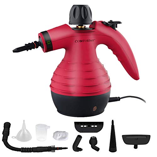 Handheld Steam Cleaner by Comforday - Multi-Purpose Pressurized Steam Cleaner with Safety Lock for Stain Removal, Carpet and Upholstery Cleaning - 9-Piece Accessory Kit Included (Upgrade) (red)