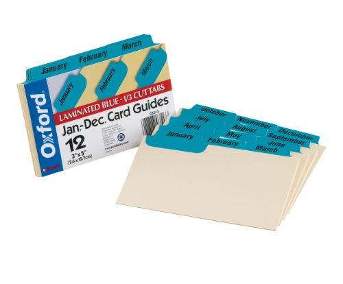 Oxford Index Card Guides with Laminated Tabs, Monthly, January-December, 3' x 5' Size, Blue, 12 Guides per Set (3513)