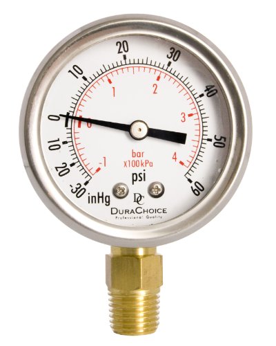 DuraChoice 2' Oil Filled Vacuum Pressure Gauge - Stainless Steel Case, Brass, 1/4' NPT, Lower Mount Connection, 30HG/60PSI