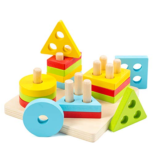 WOOD CITY Wooden Sorting & Stacking Toys for Toddlers, Educational Shape Color Recognition Puzzle Stacker, Early Childhood Development Puzzle Toys for 1 2 3 Year Old Boys Girls (4 Shapes)