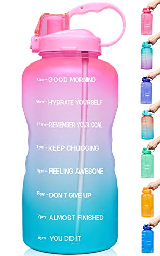 Venture Pal Large 1 Gallon/128 OZ (When Full) Motivational BPA Free Leakproof Water Bottle with Straw & Time Marker Perfect for Fitness Gym Camping Outdoor Sports-Light Pink/Green Gradient