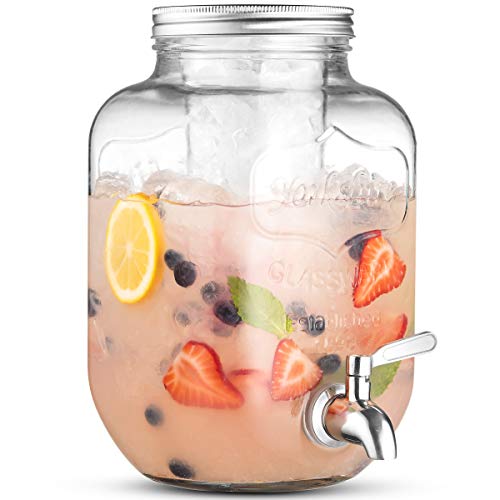 1 Gallon Glass Beverage Dispenser with 18/8 Stainless Steel Spigot - 100%Leak Proof - Wide Mouth Easy Filling - Drink Dispenser with Ice Cylinder Keeps Beverage Cold For Outdoor, Parties and Daily Use
