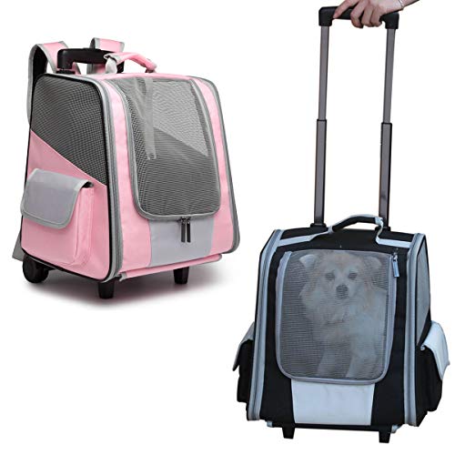 MY-PETS Rolling Pet Carrier, Cat Carrier with Wheels, Dog Backpacks Airline Approved with Trolley Fully Ventilated Mesh for Bag Travel, Hiking, Walking, Outdoor Use
