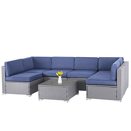 SOLAURA 7-Piece Outdoor Furniture Set, Gray Wicker Furniture Modular Sectional Sofa Set with YKK Zipper &Coffee Table - Navy Blue