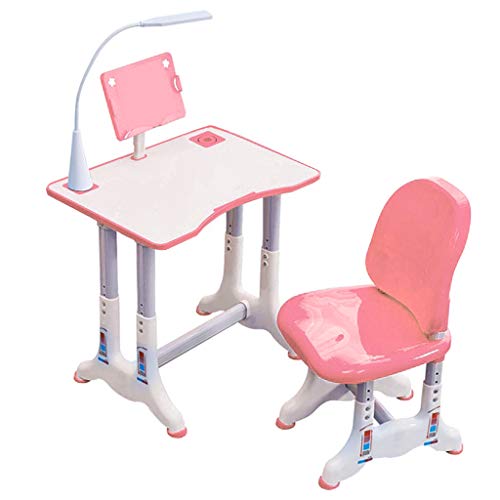 Kids Desk and Chair Set, Height Adjustable Children's Sturdy Table, Student School Desks with Bookstand and LED Light