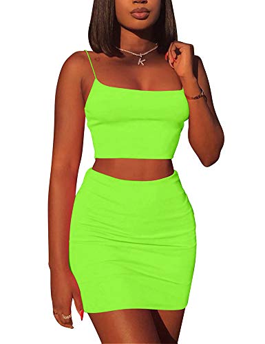 Kaximil Women's Summer 2 Piece Outfits Cami Crop Top Bodycon Skirt Mini Club Dress, X-Small, Light Green