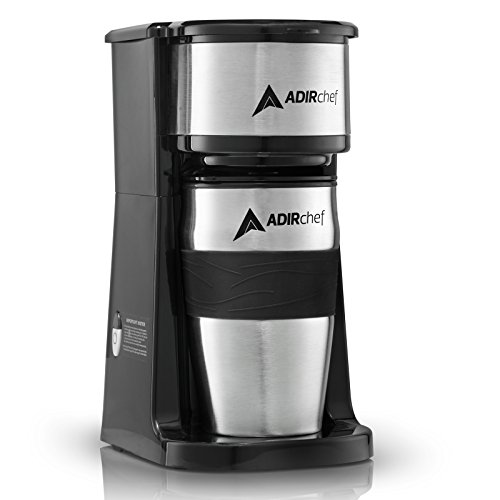 AdirChef Grab N' Go Personal Coffee Maker with 15 oz. Travel Mug - Single Serve Coffee Maker with Coffee Tumbler - Heavy Duty Sturdy Coffee Maker - Compact Design (Black)