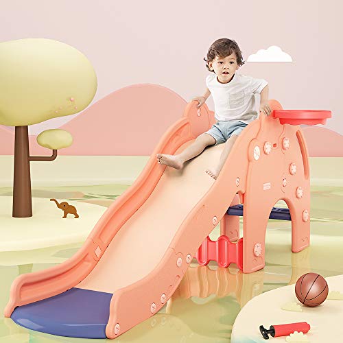 WELINK Kids Slide with Basketball Hoop Plastic Toddler Climber Play Slide Wave Slideway Max Load 330lb Non-Slip 3 Steps Freestanding Slide Toy for Children Both Indoor Outdoor Use Elephant Pink