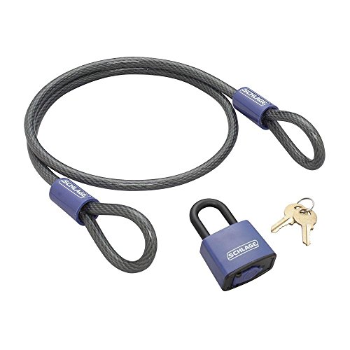 Schlage Weatherproof Key Padlock with Flexible 3/8' Steel Looped Security Cable, 4’ (3/8')